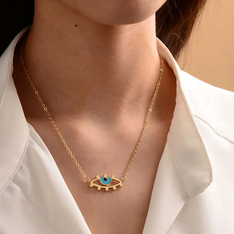 
Wholesale Fashion Custom Women Blue Eye Necklace 14k Gold Filled Jewelry 