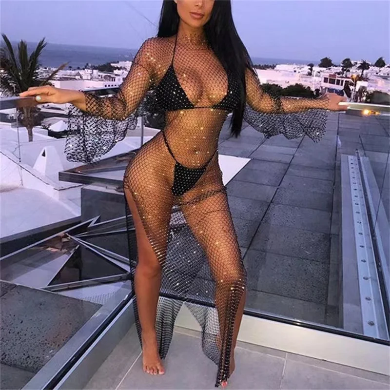 Women Sexy Diamonds See Through Mesh Long Sleeve Dress Bikini Swimsuit Cover Up for Rave Festival Club Midi Dress