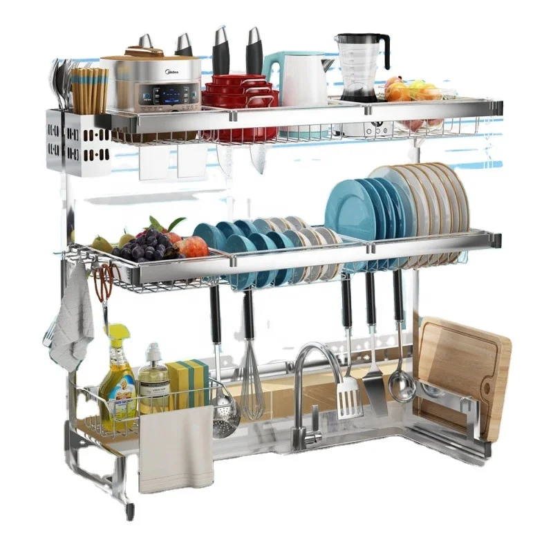 kitchen multi-function stainless steel storage holder knife block organizer bowl and dish drain storage rack