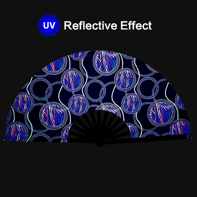2022 New Design UV Glow Large Bamboo Rave Festivals Folding Clacking Fan Custom Printed