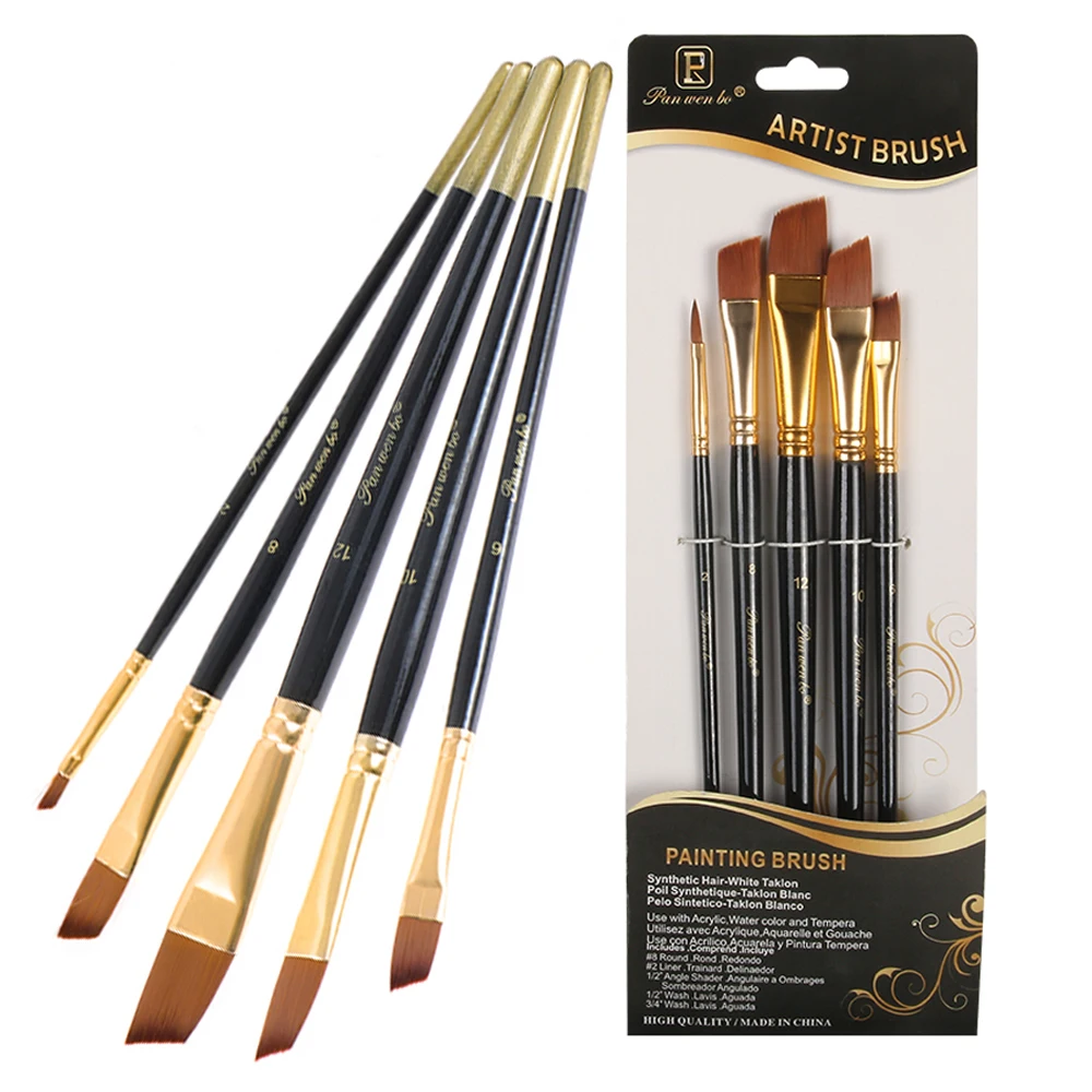 Panwenbo 5pcs Wood Handle Nylon Oblique Peak Hair Oil Watercolor Brush Painting Brush Wholesale Paint Brush Set