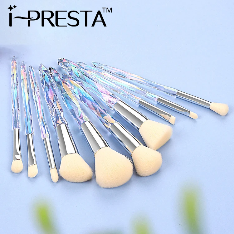 IPRESTA Private label 10pcs Diamond Crystal Makeup Brushes Transparent Crystal Handle Makeup Brush Set