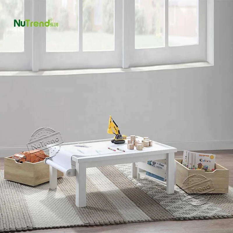 Wholesale Kids Furniture Wood Children Play Table Set 2 Toy Storage Boxes