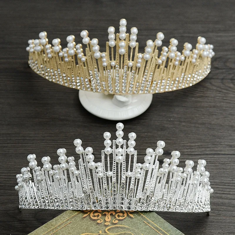 Diamond Imitation pearl alloy big crown headdress wedding dress hair ornament for the bride