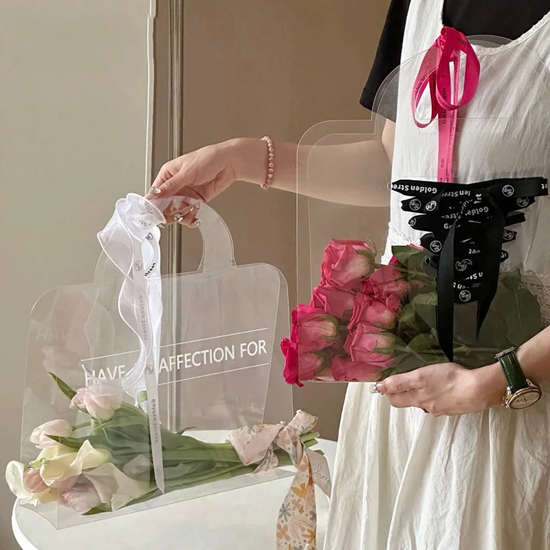 Fall In Color PET Transparent Flower Bag INS New Floral Bouquet Handle Bag For Florist