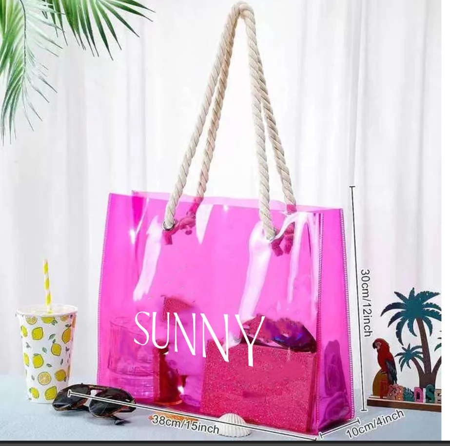 High quality Customized Fashion Pink Bags With Thick Cotton Handle Transparent Pvc Waterproof Tote Shopping Bag clear beach bag