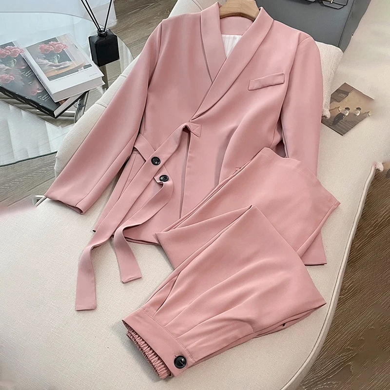 2024 Women Suit Coat + Long Pants Suits 2 Piece Set Solid Color Jacket Blazer Pants Spring Autumn Lady Office Casual Suits