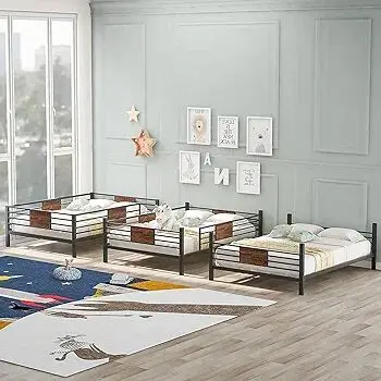 Metal Triple Bed Twin Over Twin Over Twin, Frame with Long and Short Ladder for 3, Strong Bunk Beds for Kids and Adult