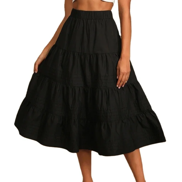  Perfect Tooling Black Midi Skirt 2021 New Cake Tiered High Waist A-line For
