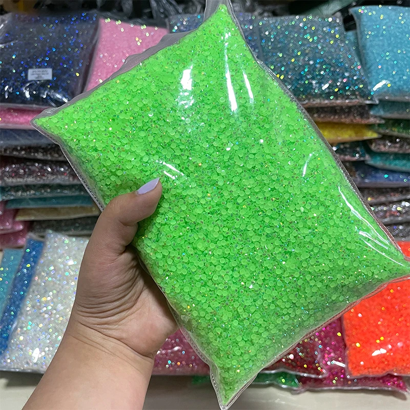 Wholesale 2mm 3mm 4mm 5mm 6mm Acrylic Neon Green AB Resin Rhinestone FlatBack Crystal Non Hot Fix Strass Crystal for Nail Stones