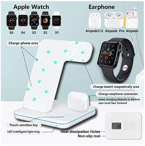 
Table Dropship Custom 15w Portable Led Lamp Mobile Phone Accessories qi Charging Dock Stand Station 3 in 1 Wireless Charger 