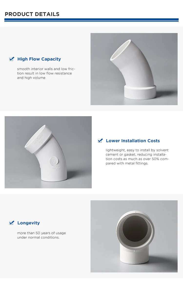 Competitive price ASTM D1785/2665 pvc 45 degree 4 inch pipe fittings bend elbow