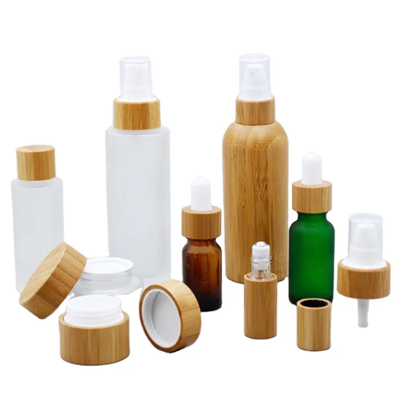 Косметические контейнеры 100%, Органическая деревянная бамбуковая Стеклянная банка/бутылка, косметическая упаковка, косметический лосьон для макияжа, биоразлагаемая деревянная бутылка для крема