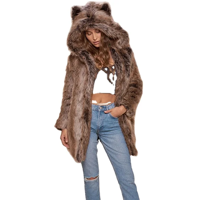 Women Fashion Winter Thick Warm  Long Faux Fox mink Fur Coat Casual Hooded faux fur woodie Coat Cat Ear Jacket Overcoat