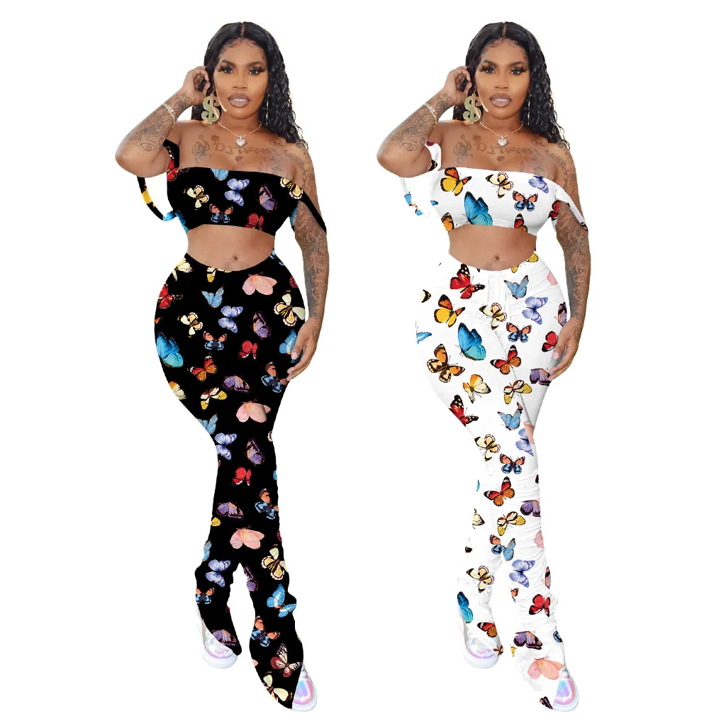 Wholesale casual butterfly printed Tank Tops And Stacked Flared Pants Legging 2 Piece Set women
