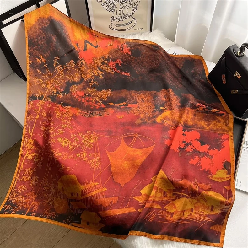 Wholesale Silk Scarf for Women Floral Print Satin Hijab Scarfs Female 90*90cm Kerchief Square Shawl Hair Head Scarves for Ladies