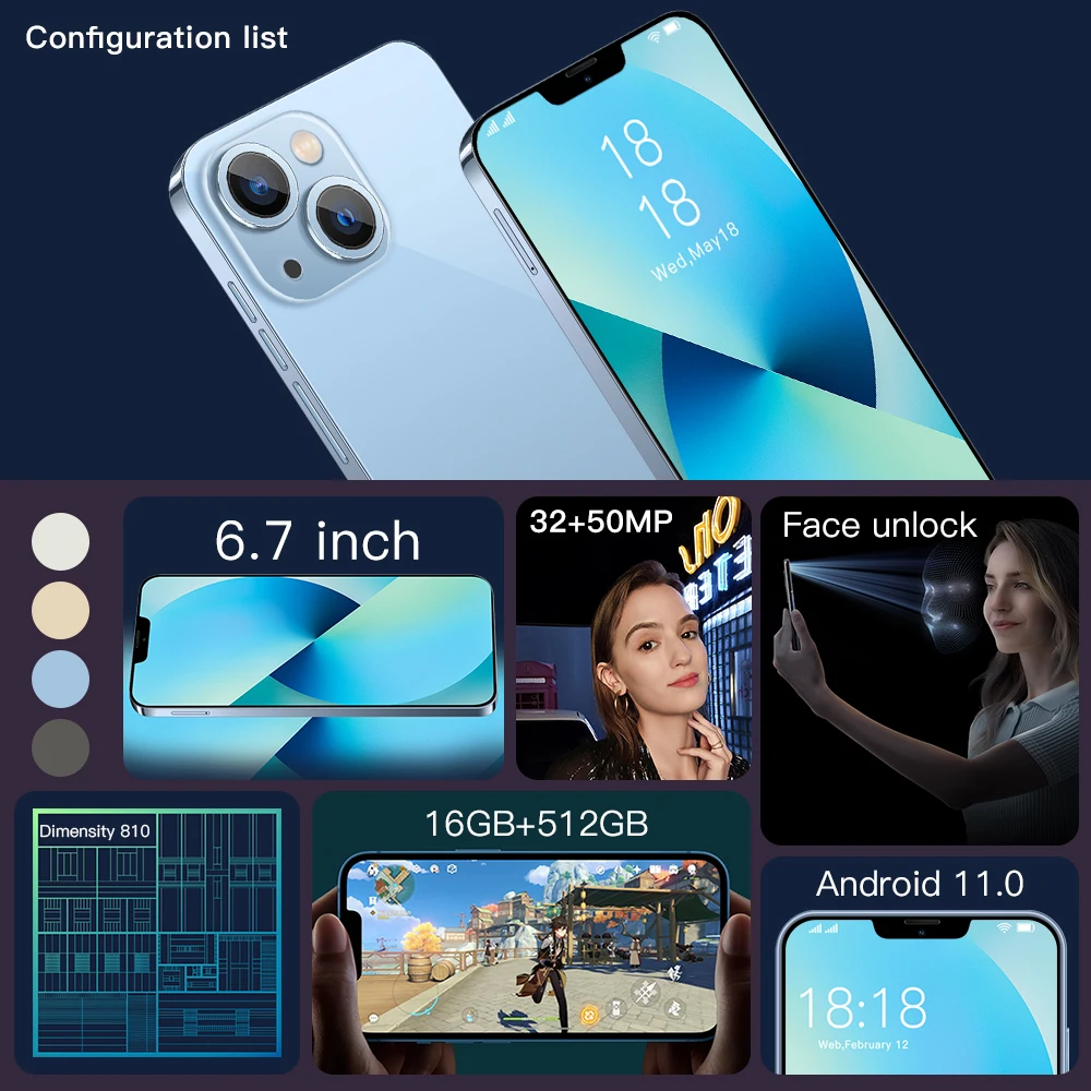 2021 оригинальный телефон с распознаванием лица 16G 6 7 дюймов Android 11 i13 Pro 5G смартфон