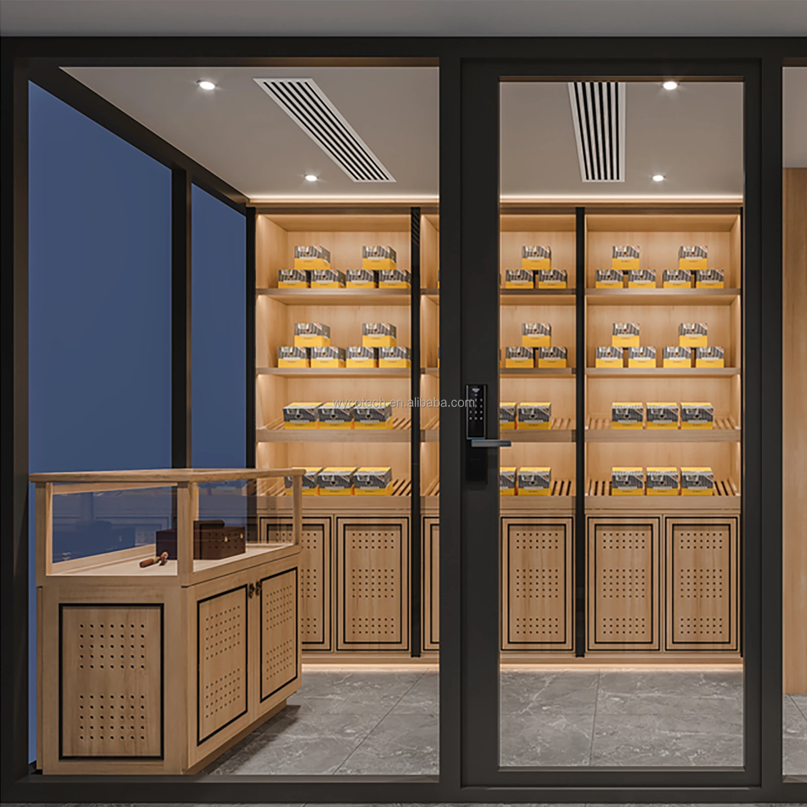 Custom Walk in Cigar House Room Counter for Cigar Store Cohiba Cigar Tobacco Lighters Pipes Alcohol Spirit Display Cabinet Racks
