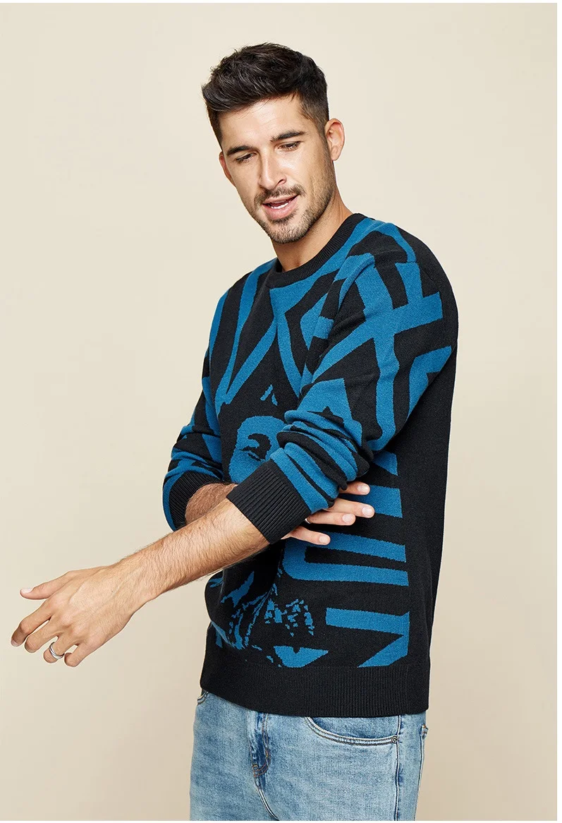 Мужской трикотажный жаккардовый свитер с круглым вырезом и длинными рукавами