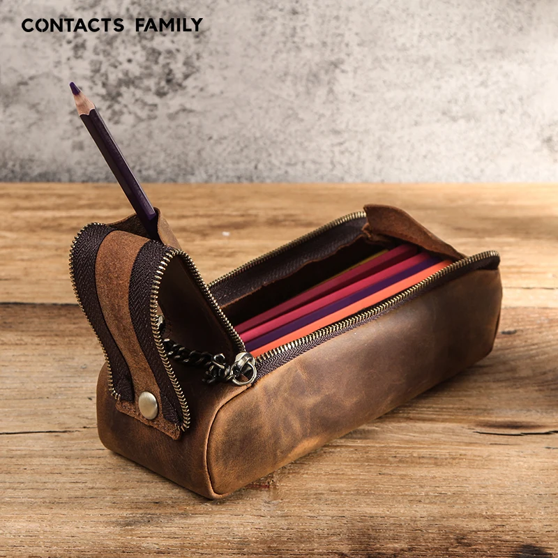 School Stationery Large Capacity Carrying Drawing Sketching Crazy Horse Leather Pencil Case Box with Zipper Strap Pencil Bag