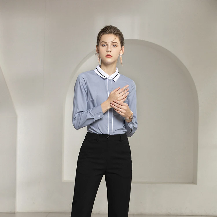 High Quality Low Factory Price Turn-down Collar Grey White Woman Formal Business Lady Office Blouse