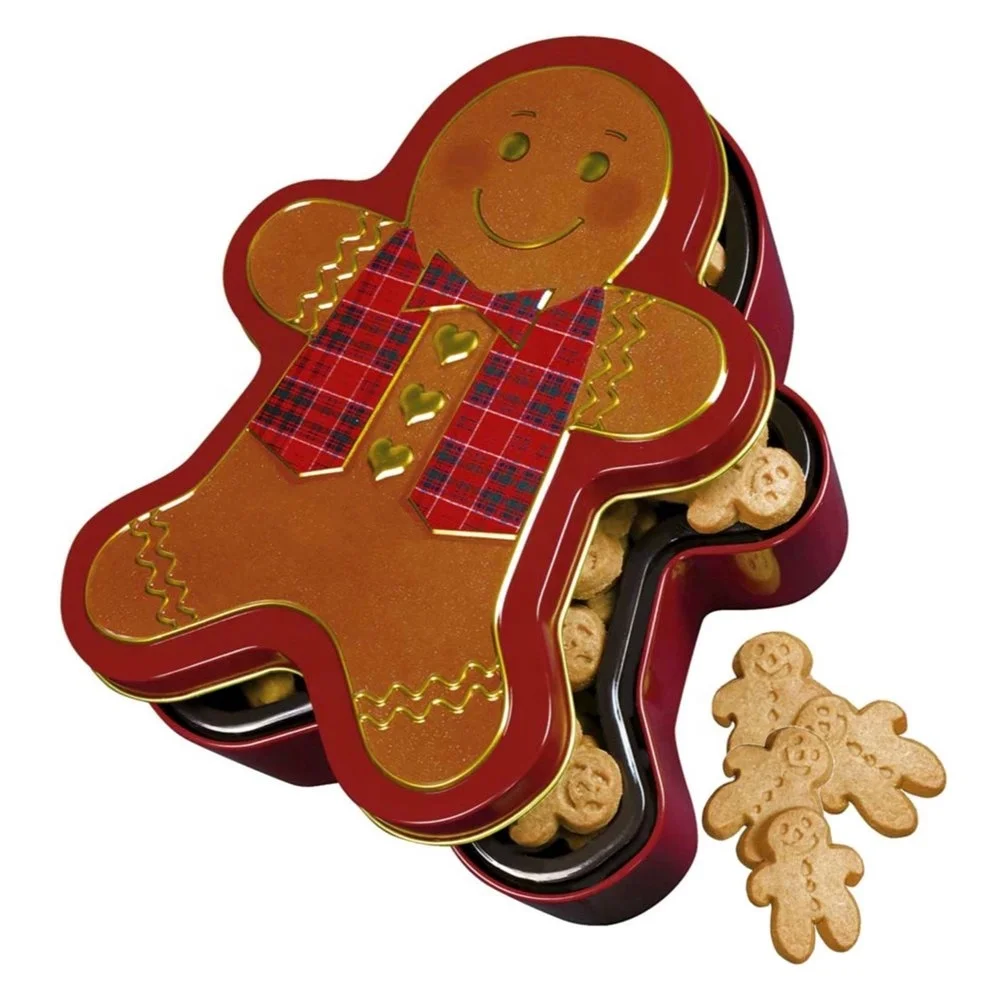 Factory OEM ginger bread tin can empty metal can in man shape for packaging cookies biscuits bread