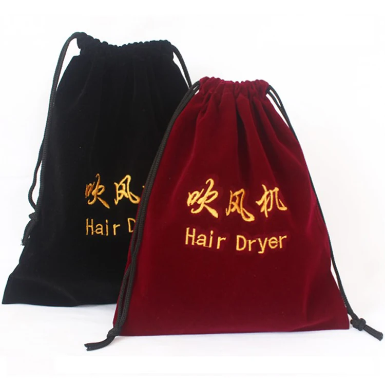 Custom Logo Drawstring Dust Pouch Embroidered Velvet Bag For Hair Dryer