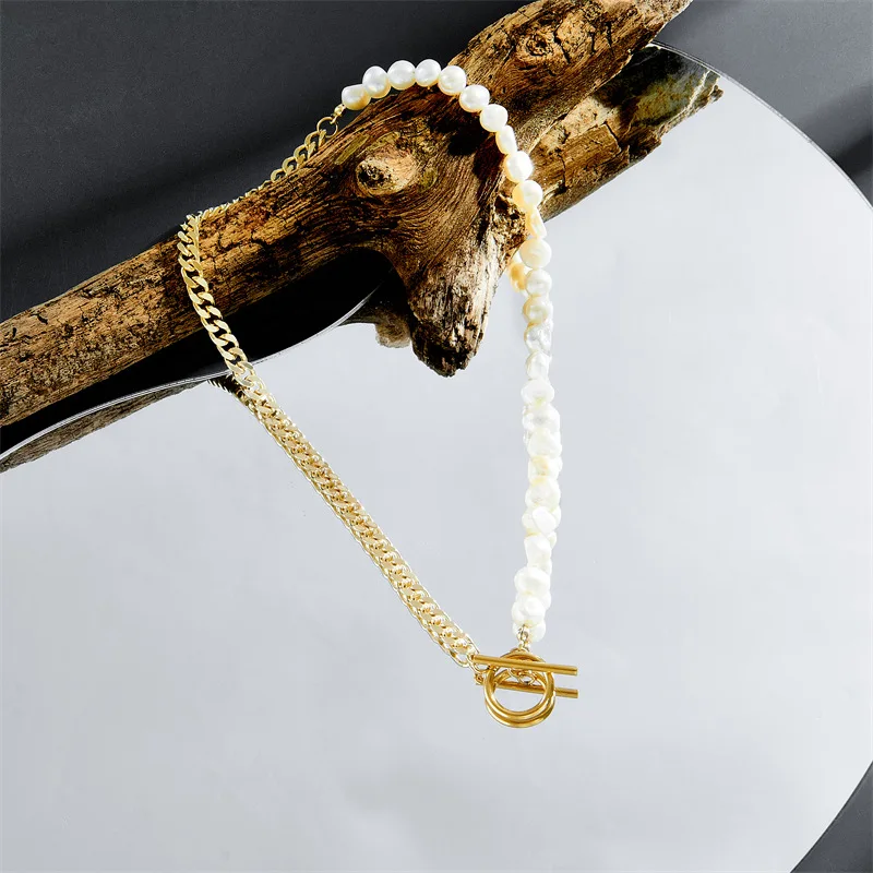 18k copper plated Real gold Cuban Chain Real Freshwater Pearl Fine Jewelry Men Women Exquisite natural freshwater pearl necklace