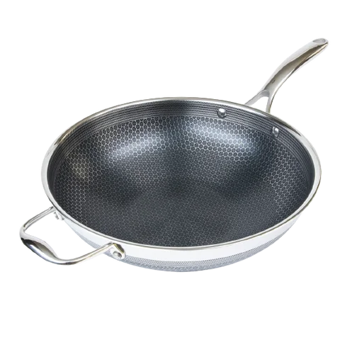 30 cm Hybrid Pan & Wok with 30 cm Lid Set Honeycomb Stainless Steel Non-stick Wok Frying Pan Cookware With Glass Lid