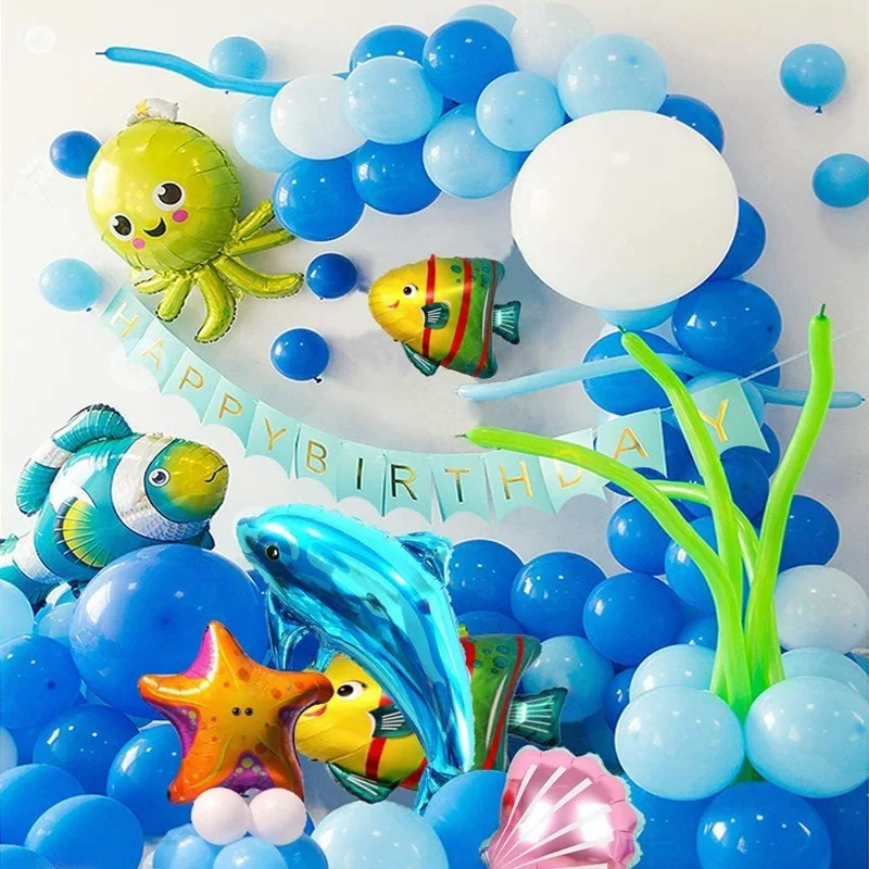 New Hot Selling Blue Ocean theme Octopus Starfish Shell Shark Balloons Birthday Banner For Kids Baby Birthday Party Decoration