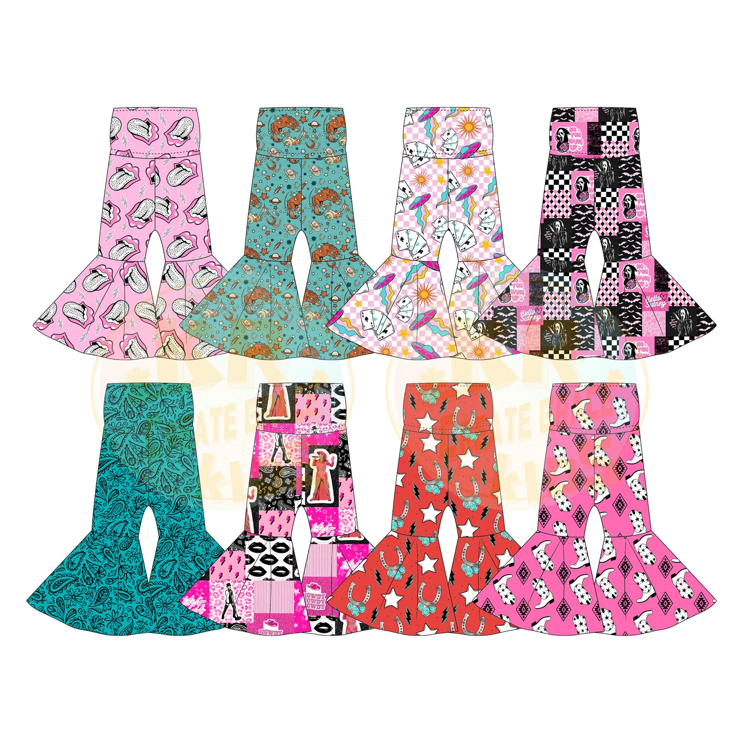 Manufacture Stylish Toddler Clothing Print Horse Poker Skull Star Boots Plaid High Waist Flares Trousers Girls Bell Bottom Pants