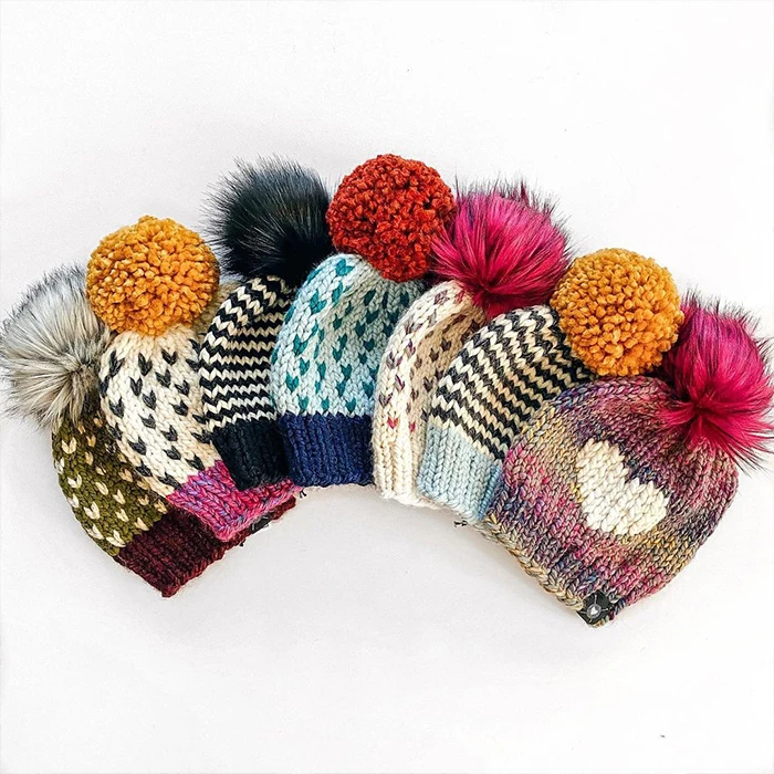 Winter Warm Wholesale Pink Cuffed Ribbed Faux Fur Jacquard Knitted POM POM Beanie Hats