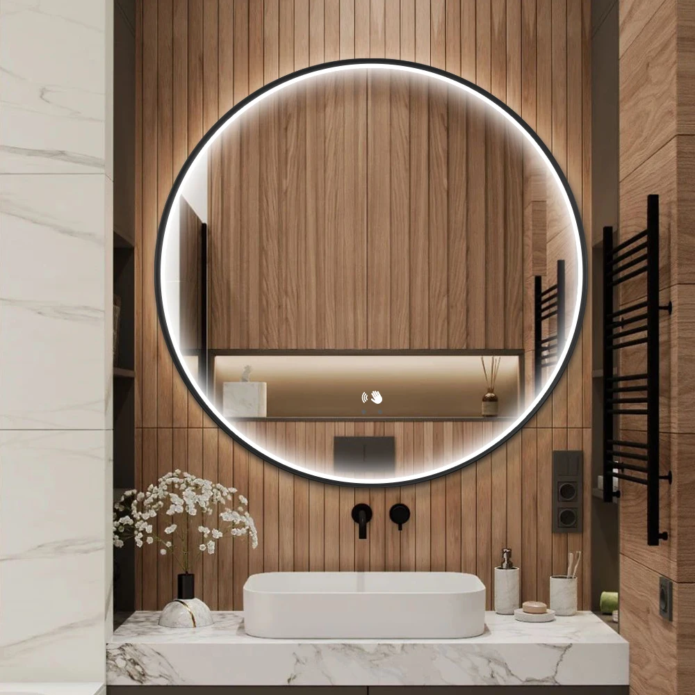 Bathroom Round Mirror With Gold Frame Luxury Hotel Smart Anti Fog Backlit Mirror Led Makeup Mirror Touch Screen