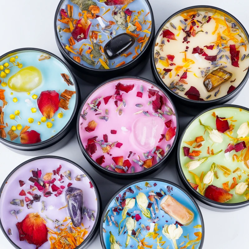 Home Decor Candle Round Black Tin Dried Flower Aromatherapy Soy Wax Fragrance Scented Candles