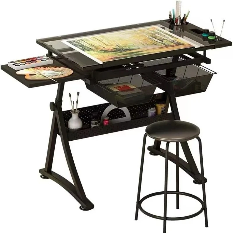 Drafting Table with Stool Height Adjustable Multifunctional Art Craft Artists Desk Tilting Glass Tabletop Paintings Work Station