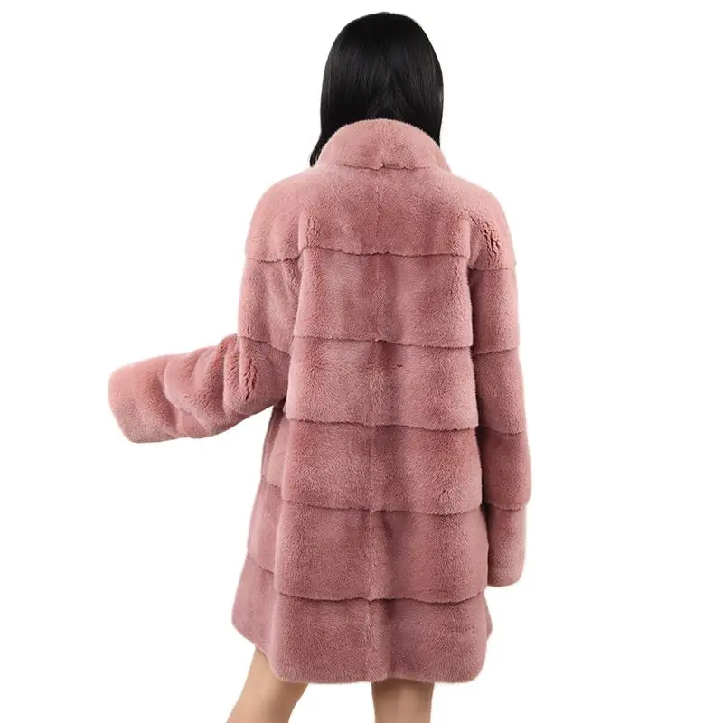 beautiful women mink fur coat with mid long stand collar winter high quality new thick fluffy fur jacket