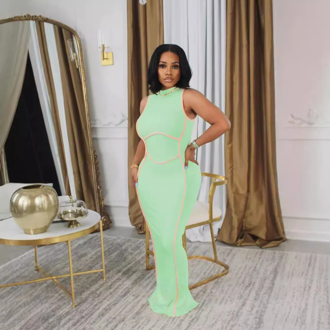 Fashion design summer stretch high collar sleeveless dress sheath bodycon dress long floor dress