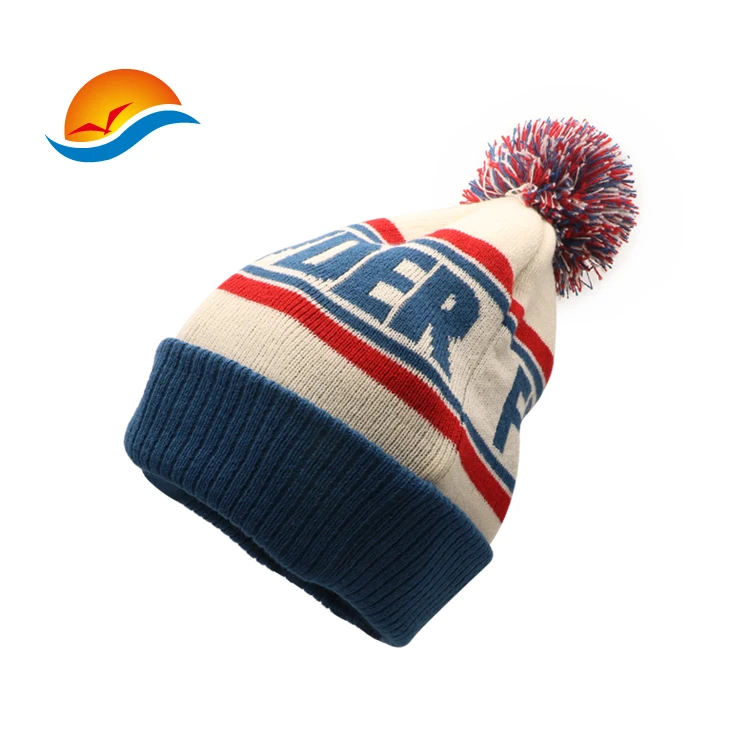 Custom embroidered jacquard Knitted Beanie Hat with pom pom knitted winter hats