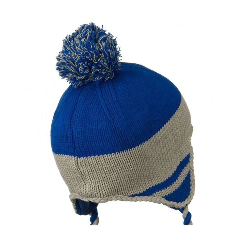 Перуанский Стиль Вязаный ушной клапан Лыжная Шапка темно-бордовый серый хлопок акриловый помпон теплая зимняя шапка оптовая продажа