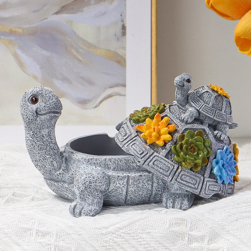SE7 Custom Resin Crafts Office Decor Cute Parent&Child Turtles Statue Purifying Smokeless Ashtray