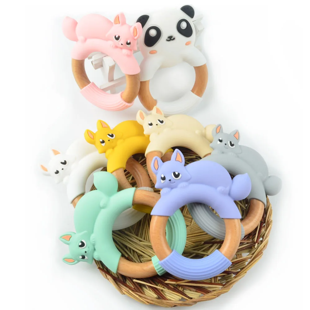 Wholesale Eco-friendly Non-toxic Panda Fox Wooden Ring Anti-eating Hand Wear-resistant Drop-resistant Baby Silicone Teether