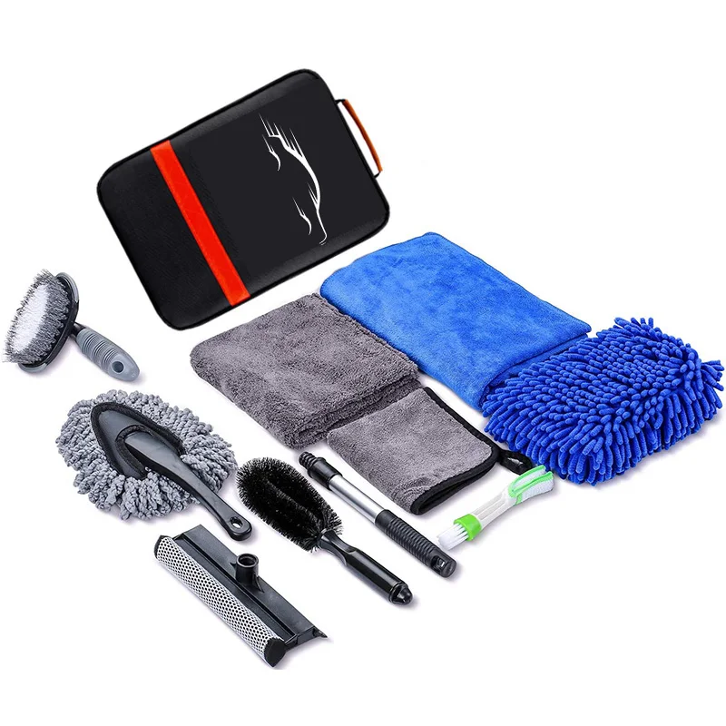 10pcs Portable Car Wash Kit with Bag Microfiber Cloth Wash Mitt Tire Brush Auto Care Tools Set
