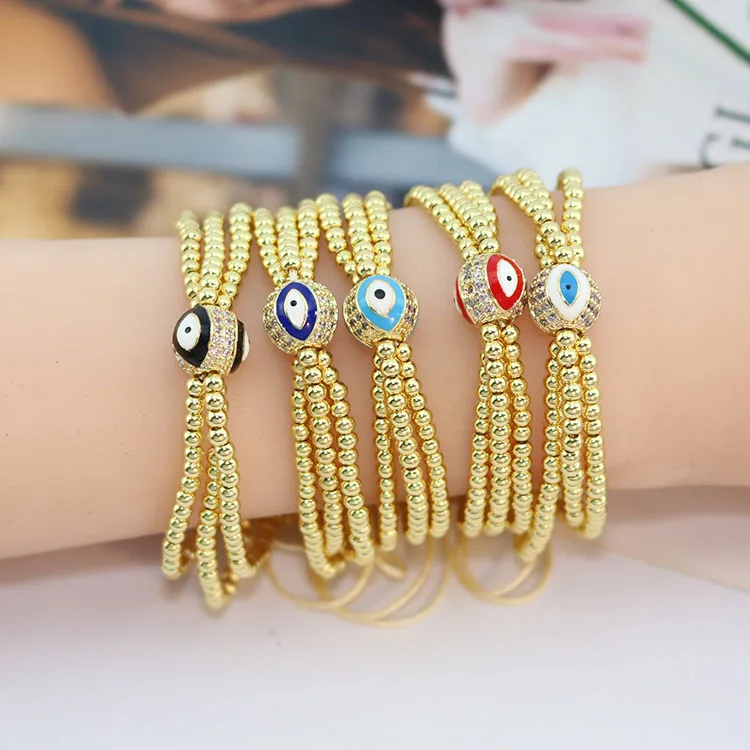 BC3037 Triple Layer Multi-row 3mm Tiny 18K Gold Plated Ball Beaded CZ Pave Enamel Evil Eyes Bead Macrame Bracelets for Women