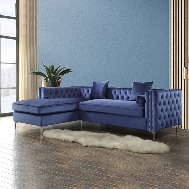 Wholesale Design Livingroom Furniture Modular White Green Blue L Shaped Living Room Velvet Button Tufted Sectional Sofa