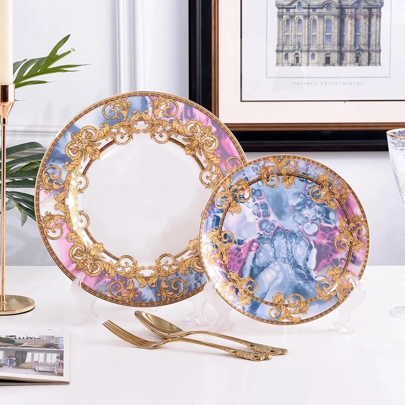 Western Dinner Plate 10inch And 8inch Steak Flat Tray Bone China Dinnerware Set Golden Edge Luxurious Tableware