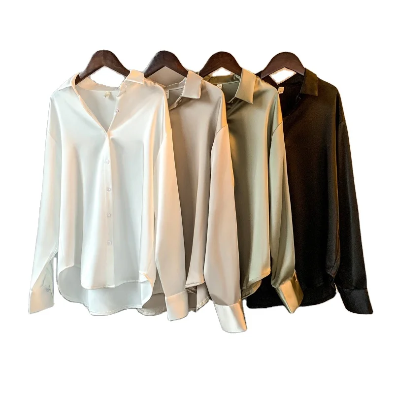 YiXin Blouses For Womens 2022 Plain Long Sleeve Silk Satin Blouse For Women Office Business Casual White Blouse Women