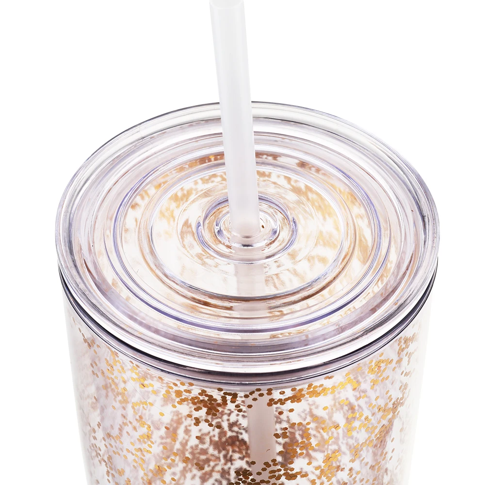 Wholesale food grade promotional drinking cup straw insulated double wall plastic cup glitter tumbler with straw