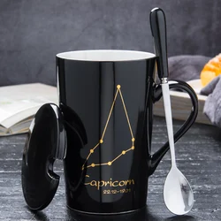 Cheap Price  White Black 12 Constellations Gold Pattern Ceramic Coffee Mug With Lid Spoon And Gold Handle For Souvenir