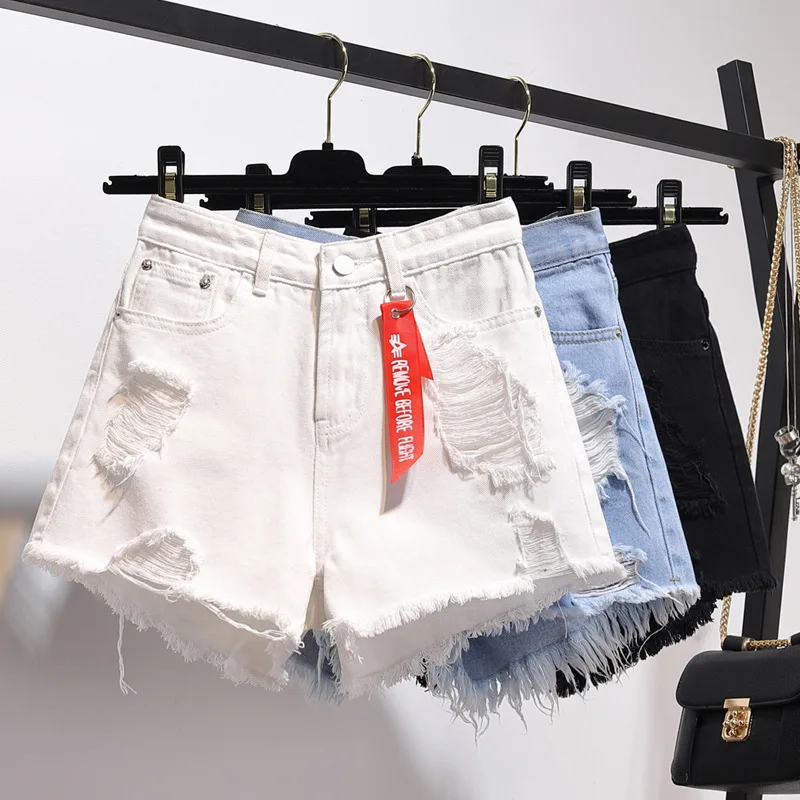 Summer Tassel Ripped Denim Shorts Black White Blue Skinny High Waisted Casual For Women Hole Jeans Short