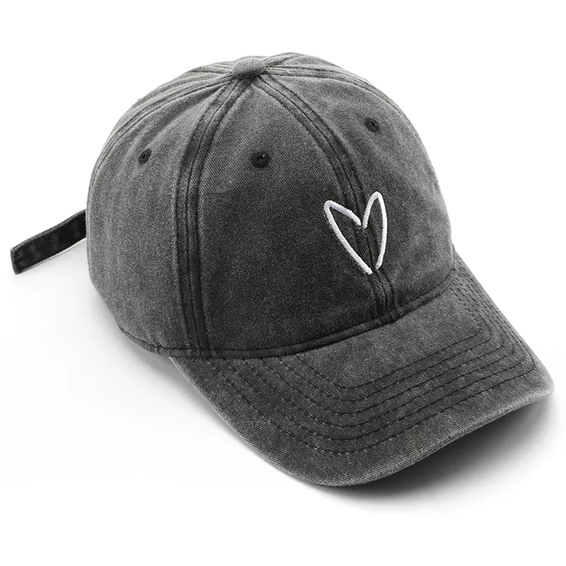 Hot Sale Women 6 Panel Soft Top Embroidery Heart Washed Cotton Sports Hat Curved Brim Custom Logo Plain Denim Baseball Cap